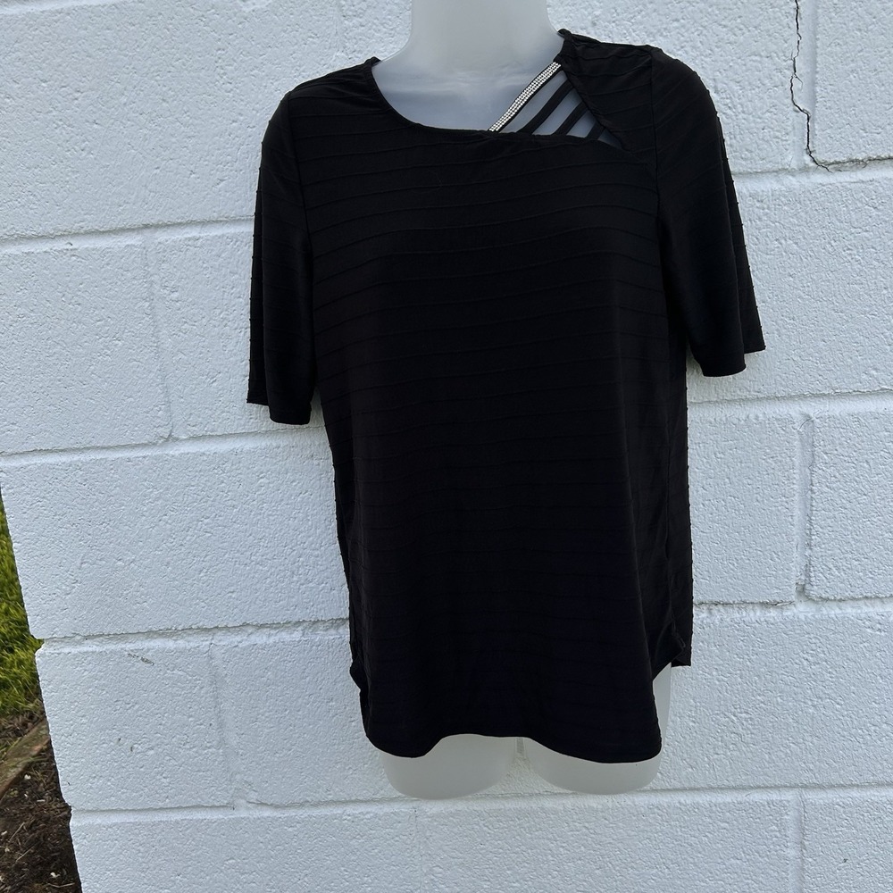 89th + Madison Womens Blouse Top Black Dressy Cut Out Ribbed Gems Diamond Sm S/S